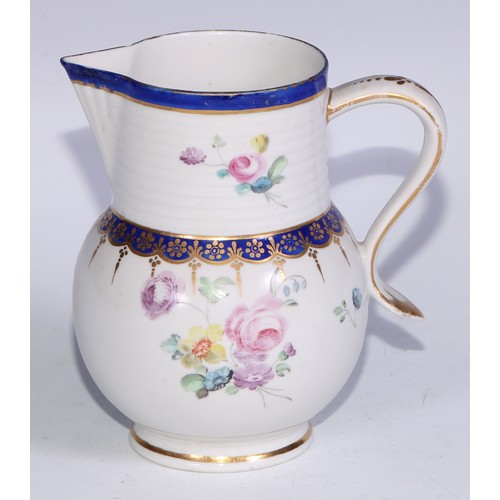 688 - A Derby ovoid jug, painted with colourful summer flowers, ribbed band above blue and gilt borders, 1... 