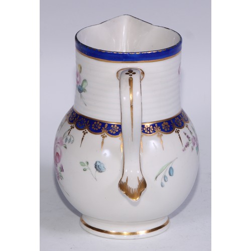 688 - A Derby ovoid jug, painted with colourful summer flowers, ribbed band above blue and gilt borders, 1... 