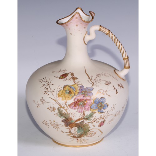 594 - A Derby Crown Porcelain ovoid vase, decorated in polychrome and gilt with flowers on a blush ground,... 