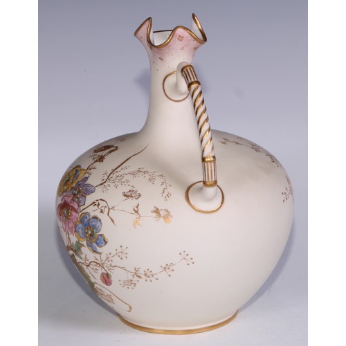 594 - A Derby Crown Porcelain ovoid vase, decorated in polychrome and gilt with flowers on a blush ground,... 