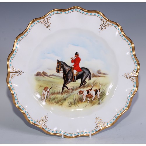 626 - A Royal Crown Derby cabinet plate, hunting scene, signed J. Doyle, 25.5cm diameter, others, 22cm, 20... 