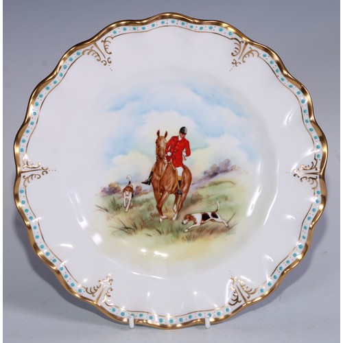 626 - A Royal Crown Derby cabinet plate, hunting scene, signed J. Doyle, 25.5cm diameter, others, 22cm, 20... 