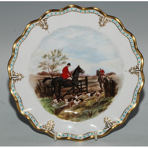 626 - A Royal Crown Derby cabinet plate, hunting scene, signed J. Doyle, 25.5cm diameter, others, 22cm, 20... 