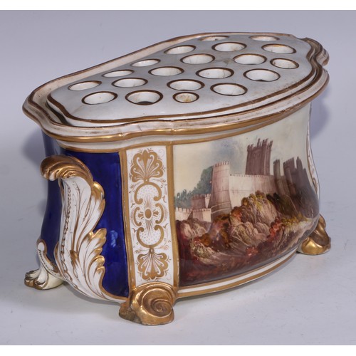 667 - A Bloor Derby named view bombe shaped bough pot, painted with Bambro' [Bamburgh] Castle, picked out ... 