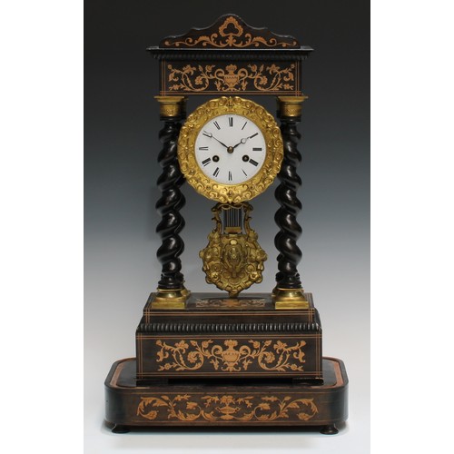 340 - A 19th century French marquetry and ebonised portico clock, 10cm circular enamel dial inscribed with... 