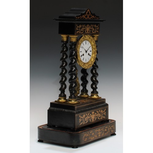 340 - A 19th century French marquetry and ebonised portico clock, 10cm circular enamel dial inscribed with... 