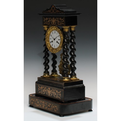 340 - A 19th century French marquetry and ebonised portico clock, 10cm circular enamel dial inscribed with... 