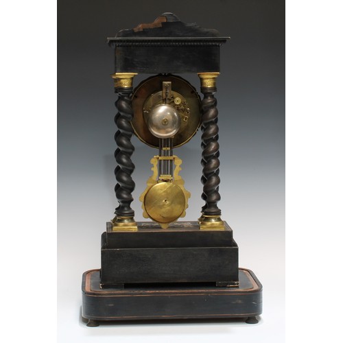 340 - A 19th century French marquetry and ebonised portico clock, 10cm circular enamel dial inscribed with... 