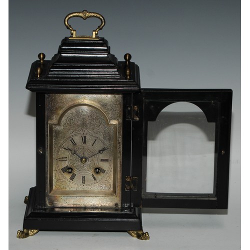 336 - A 19th century ebonised miniature bracket clock, of George II design, 8cm arched silvered disal insc... 