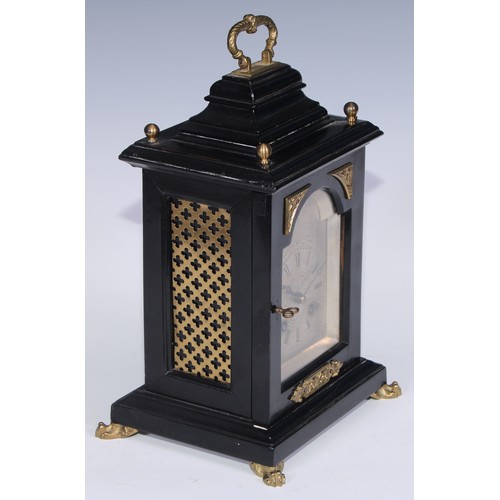 336 - A 19th century ebonised miniature bracket clock, of George II design, 8cm arched silvered disal insc... 