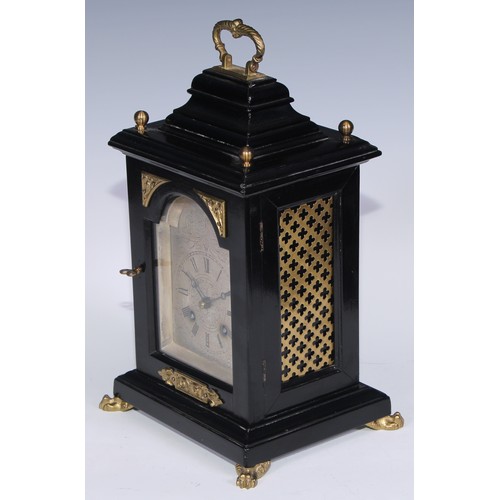 336 - A 19th century ebonised miniature bracket clock, of George II design, 8cm arched silvered disal insc... 