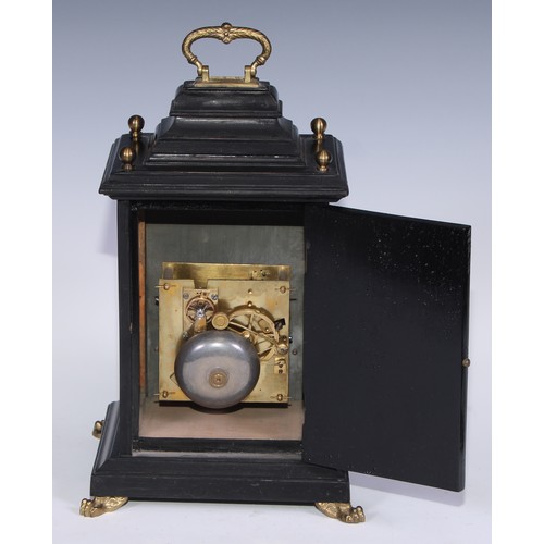 336 - A 19th century ebonised miniature bracket clock, of George II design, 8cm arched silvered disal insc... 