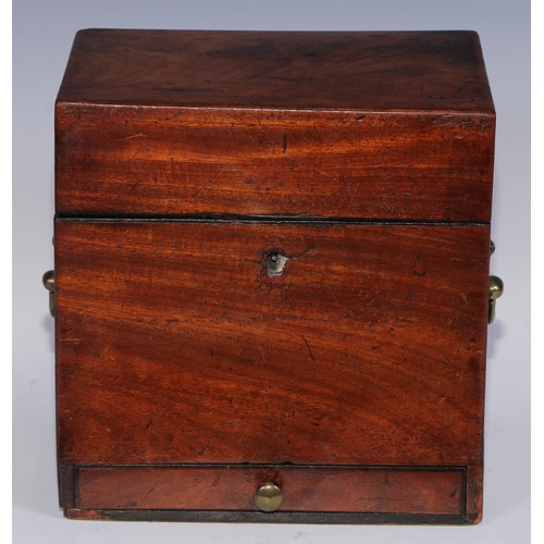 385 - A George III mahogany apothecary-form work box, hinged cover enclosing a lift-out tray fitted with c... 