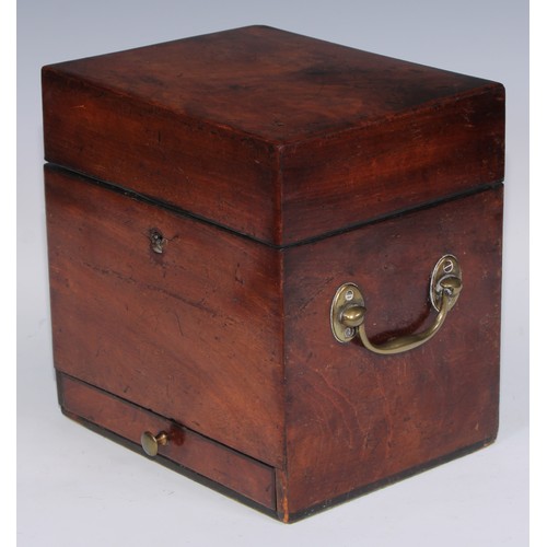 385 - A George III mahogany apothecary-form work box, hinged cover enclosing a lift-out tray fitted with c... 