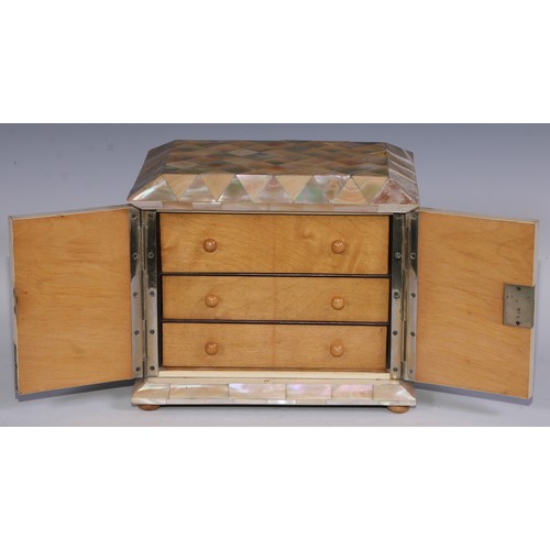 404 - A Victorian mother of pearl dressing table cabinet, sarcophagus top above a pair of rectangular door... 