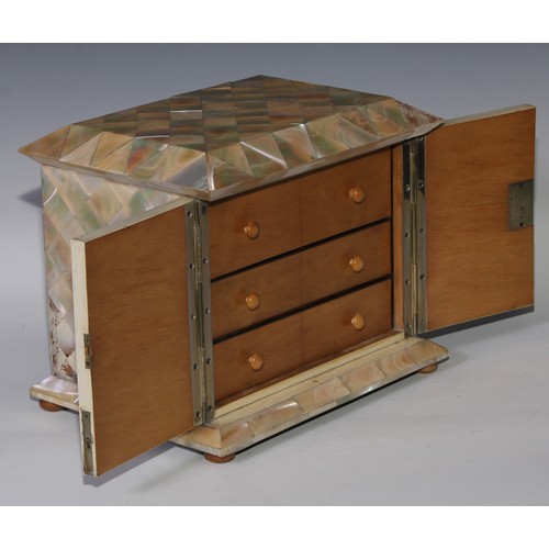 404 - A Victorian mother of pearl dressing table cabinet, sarcophagus top above a pair of rectangular door... 