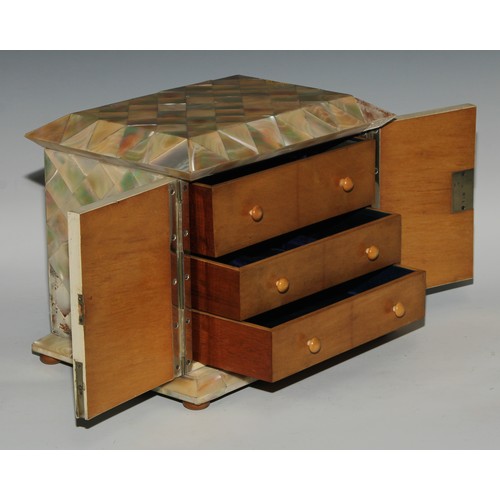 404 - A Victorian mother of pearl dressing table cabinet, sarcophagus top above a pair of rectangular door... 