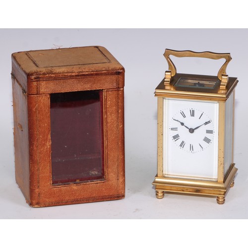 545 - An early 20th century French gilt brass carriage timepiece, 5.5cm rectangular enamel clock dial insc... 