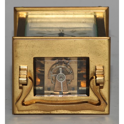 545 - An early 20th century French gilt brass carriage timepiece, 5.5cm rectangular enamel clock dial insc... 