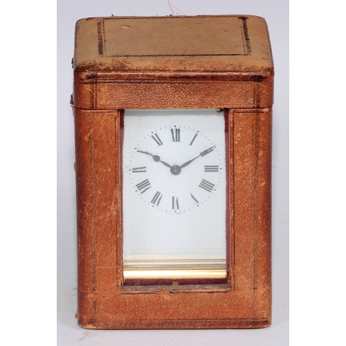 545 - An early 20th century French gilt brass carriage timepiece, 5.5cm rectangular enamel clock dial insc... 