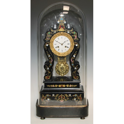 341 - A 19th century French marquetry and ebonised portico clock, 8.5cm enamel dial inscribed ** Rue St Ho... 