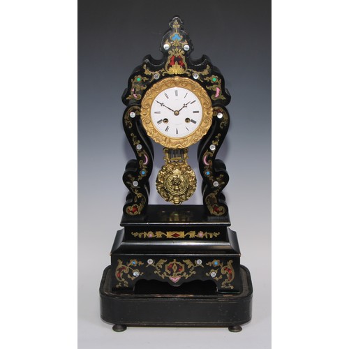 341 - A 19th century French marquetry and ebonised portico clock, 8.5cm enamel dial inscribed ** Rue St Ho... 