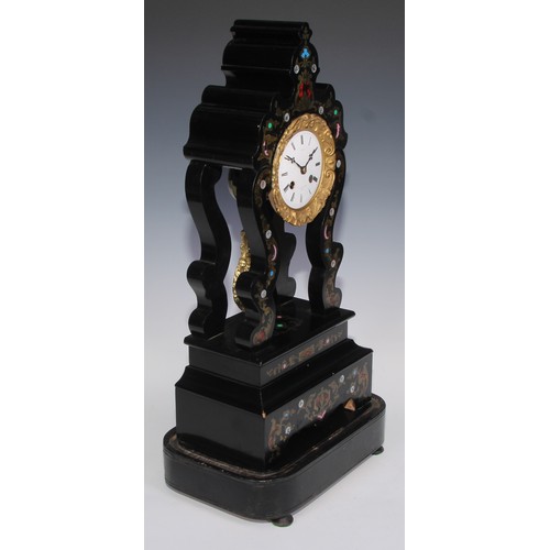 341 - A 19th century French marquetry and ebonised portico clock, 8.5cm enamel dial inscribed ** Rue St Ho... 