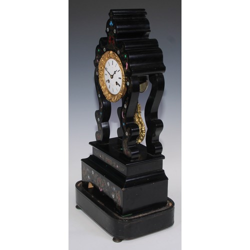 341 - A 19th century French marquetry and ebonised portico clock, 8.5cm enamel dial inscribed ** Rue St Ho... 