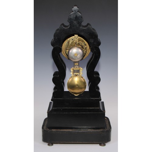 341 - A 19th century French marquetry and ebonised portico clock, 8.5cm enamel dial inscribed ** Rue St Ho... 