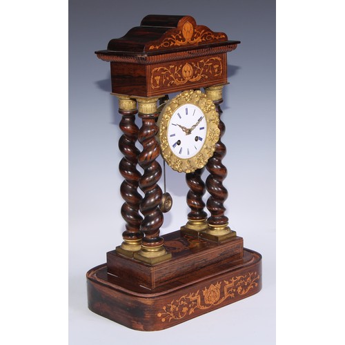 456 - A 19th century French rosewood and marquetry portico clock, 8cm circular enamel dial inscribed with ... 