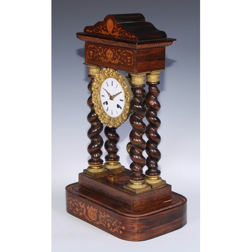 456 - A 19th century French rosewood and marquetry portico clock, 8cm circular enamel dial inscribed with ... 