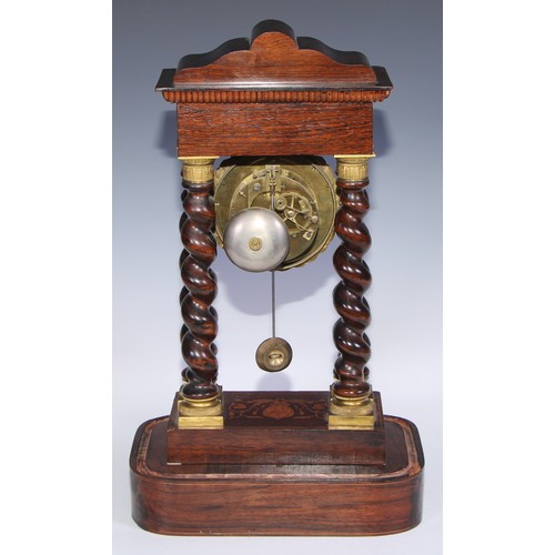 456 - A 19th century French rosewood and marquetry portico clock, 8cm circular enamel dial inscribed with ... 