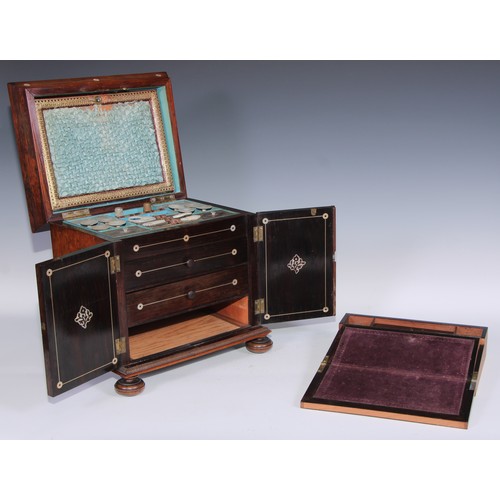 387 - A George IV rosewood and mother of pearl sarcophagus table cabinet, hinged cover above a pair of doo... 