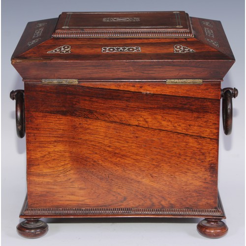 387 - A George IV rosewood and mother of pearl sarcophagus table cabinet, hinged cover above a pair of doo... 