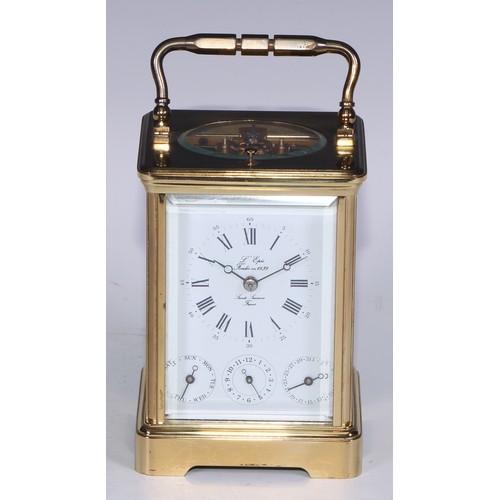 464 - A French gilt brass repeater calendar carriage clock, by L'Epee, 6.5cm rectangular enamel dial with ... 