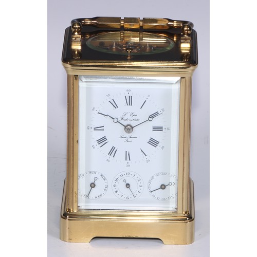 464 - A French gilt brass repeater calendar carriage clock, by L'Epee, 6.5cm rectangular enamel dial with ... 