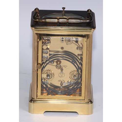 464 - A French gilt brass repeater calendar carriage clock, by L'Epee, 6.5cm rectangular enamel dial with ... 