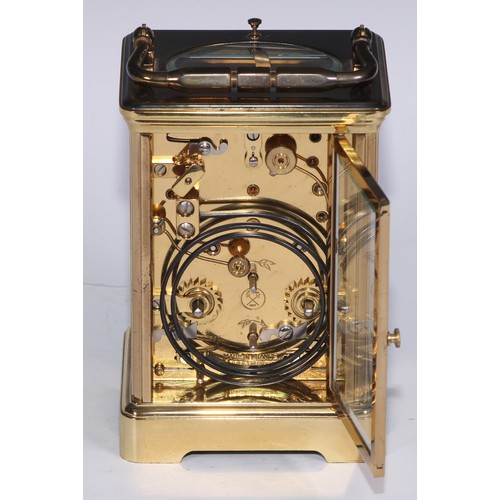 464 - A French gilt brass repeater calendar carriage clock, by L'Epee, 6.5cm rectangular enamel dial with ... 