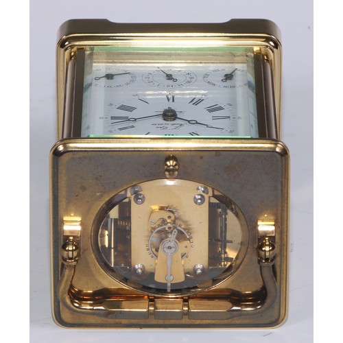 464 - A French gilt brass repeater calendar carriage clock, by L'Epee, 6.5cm rectangular enamel dial with ... 