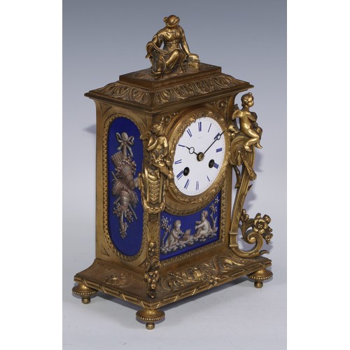 343 - A 19th century French porcelain mounted ormolu mantel clock, by Dent, Paris, 7cm circular enamel dia... 