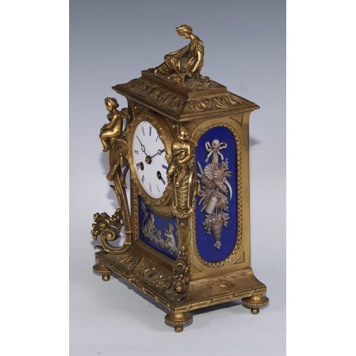 343 - A 19th century French porcelain mounted ormolu mantel clock, by Dent, Paris, 7cm circular enamel dia... 