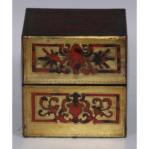 378 - A 19th century French boulle cube shaped scent casket, hinged cover enclosing perfume bottles, 11.5c... 