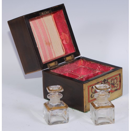 378 - A 19th century French boulle cube shaped scent casket, hinged cover enclosing perfume bottles, 11.5c... 