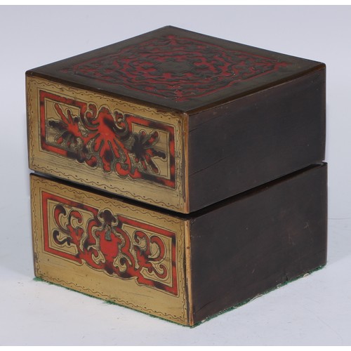 378 - A 19th century French boulle cube shaped scent casket, hinged cover enclosing perfume bottles, 11.5c... 