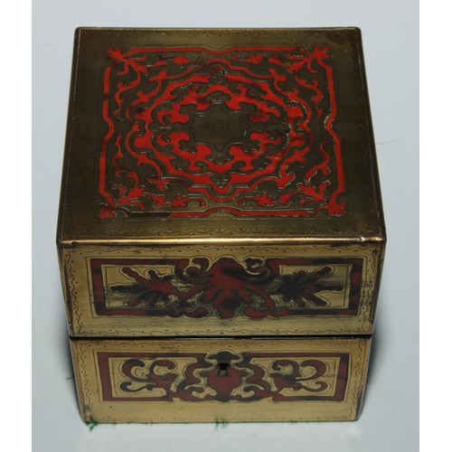 378 - A 19th century French boulle cube shaped scent casket, hinged cover enclosing perfume bottles, 11.5c... 