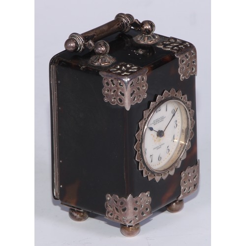 531 - A French silver coloured metal mounted tortoiseshell miniature carriage timepiece, 3cm, enamel clock... 