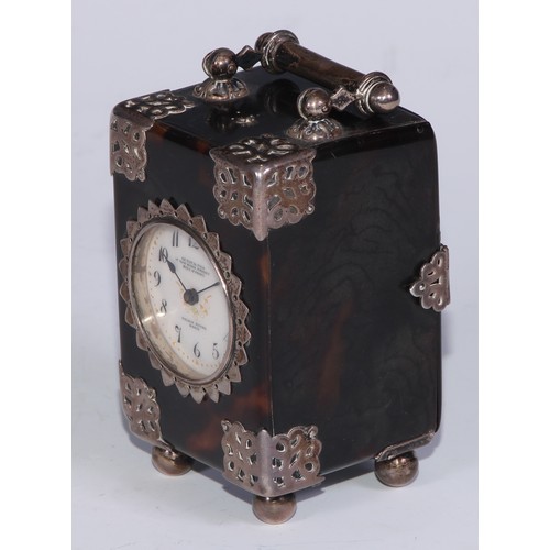 531 - A French silver coloured metal mounted tortoiseshell miniature carriage timepiece, 3cm, enamel clock... 