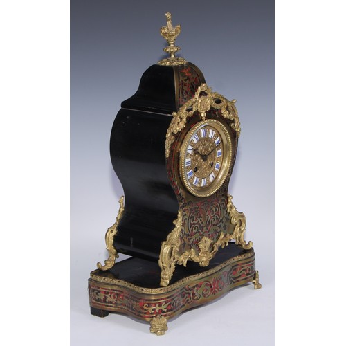 337 - A 19th century French boulle cartouche shaped mantel clock, 10cm circular dial inscribed with Roman ... 