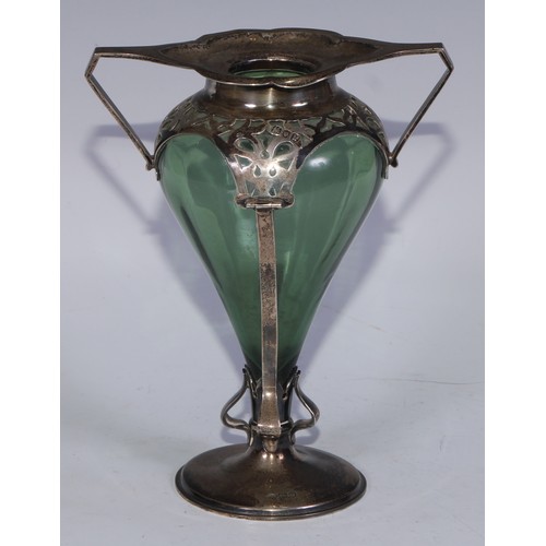 542 - A pair of Art Nouveau silver mantel vases, canted angular handles, whiplash-pierced mounts, circilar... 