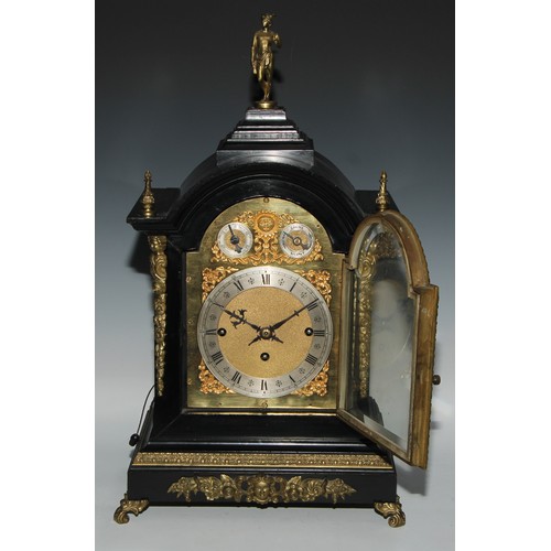 460 - A 19th century gilt metal mounted ebonised musical repeater bracket clock, 16cm arched brass dial, s... 